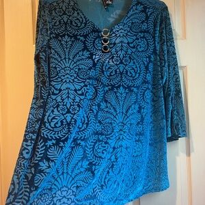 New Directions Dark‎ Turquoise Patterned Women's Top w/Gold Hoop Detail, Size XL